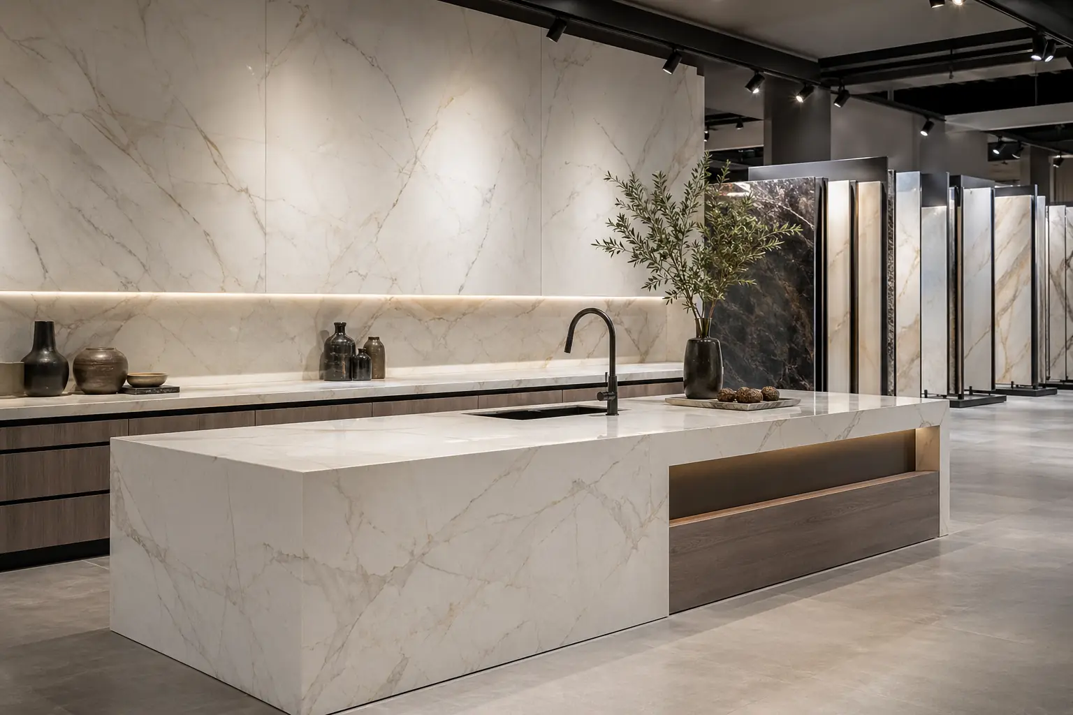 Elegant quartz and sintered stone surfaces